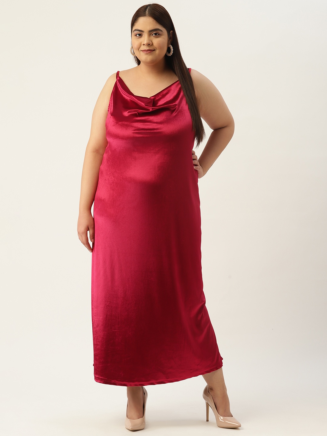 

theRebelinme Women Plus Size Cowl Neck Velvet A-Line Maxi Dress, Red