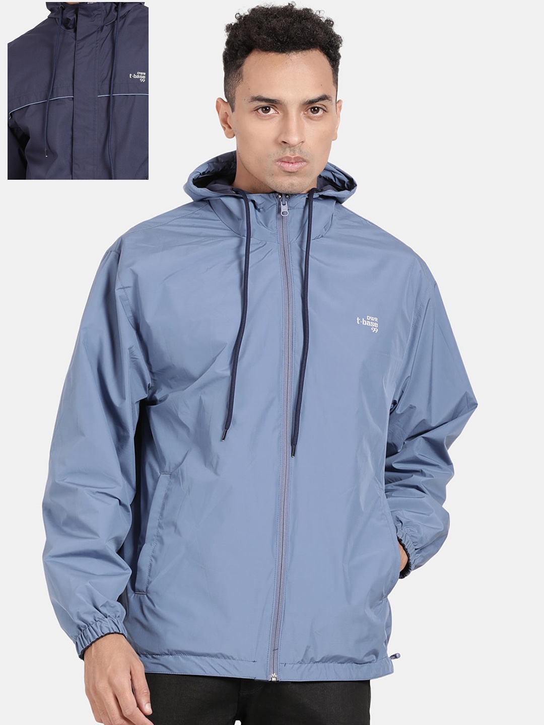 

t-base Men Hooded Reversible Rain Jacket, Navy blue