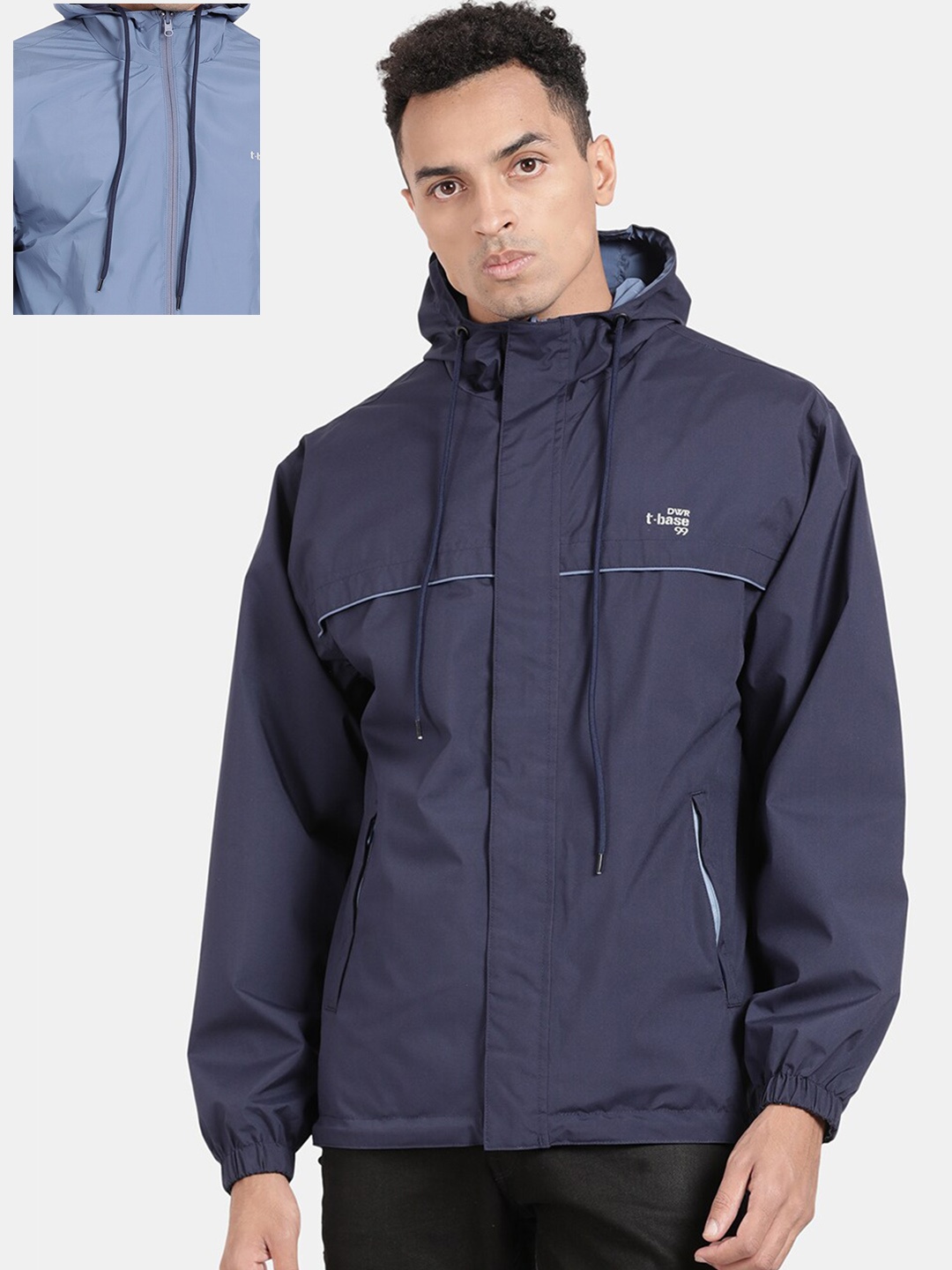 

t-base Men Hooded Reversible Rain Jacket, Navy blue