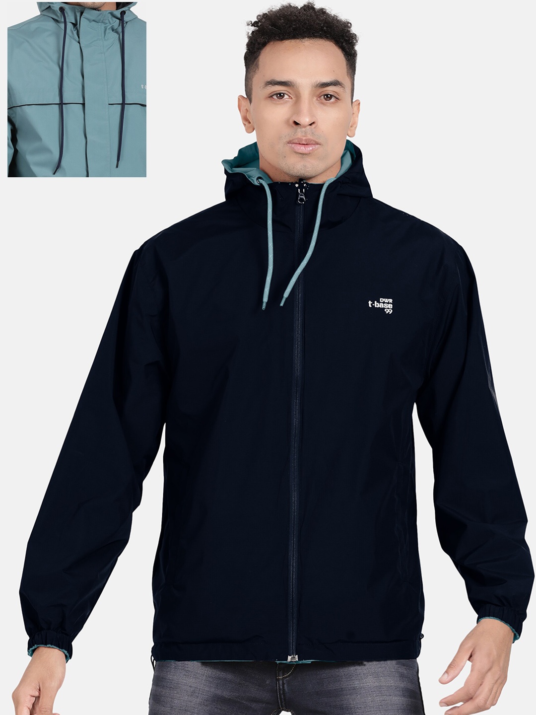 

t-base Men Hooded Reversible Rain Jacket, Navy blue