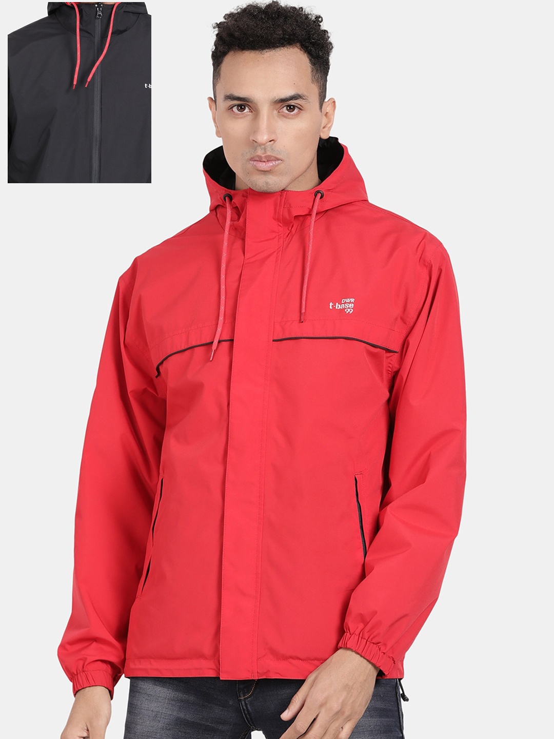 

t-base Men Waterproof Reversible Hood Rain Jacket, Red
