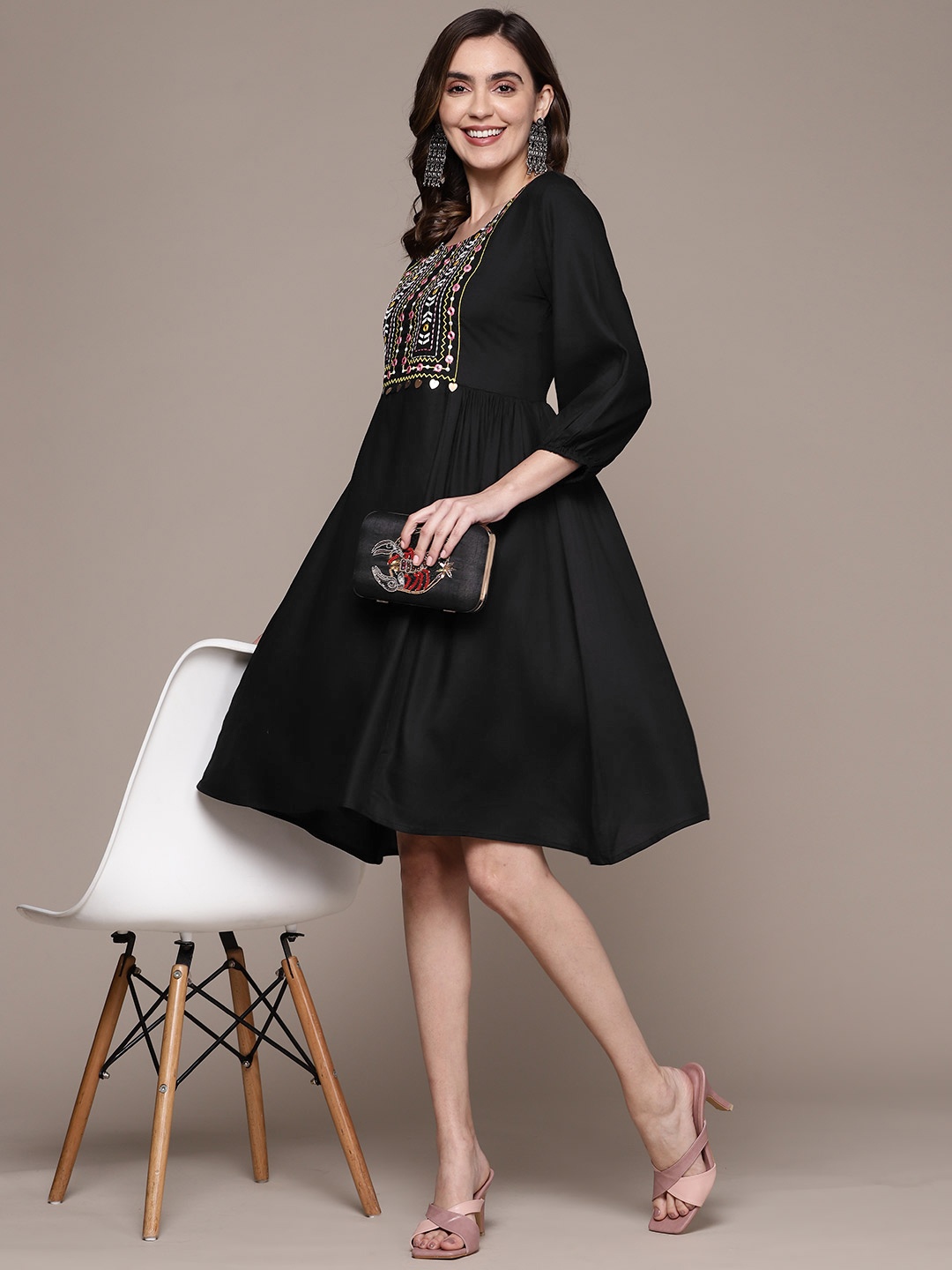 

Anubhutee Ethnic Motifs Embroidered A-Line Dress, Black