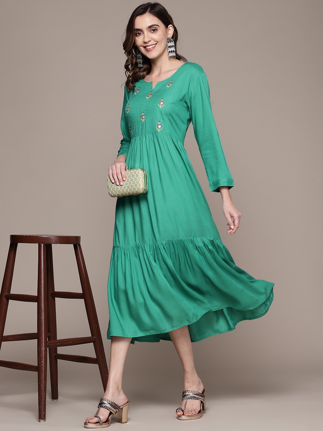 

Anubhutee Ethnic Motifs Embroidered A-Line Midi Dress, Green