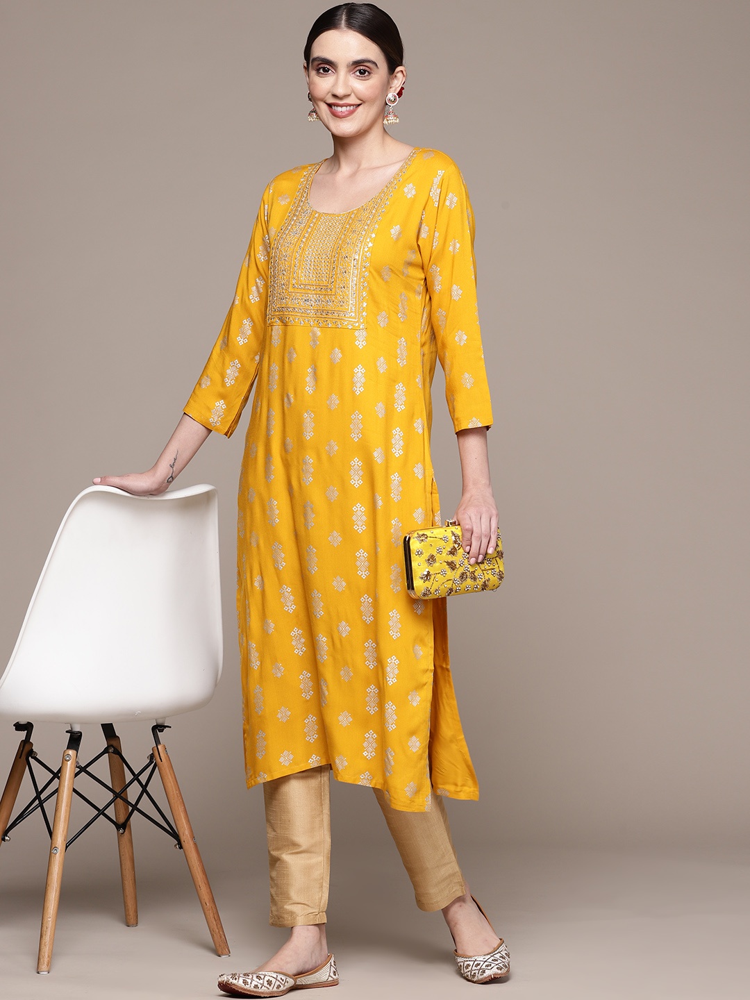 

Anubhutee Women Ethnic Motifs Yoke Design Kurta, Mustard