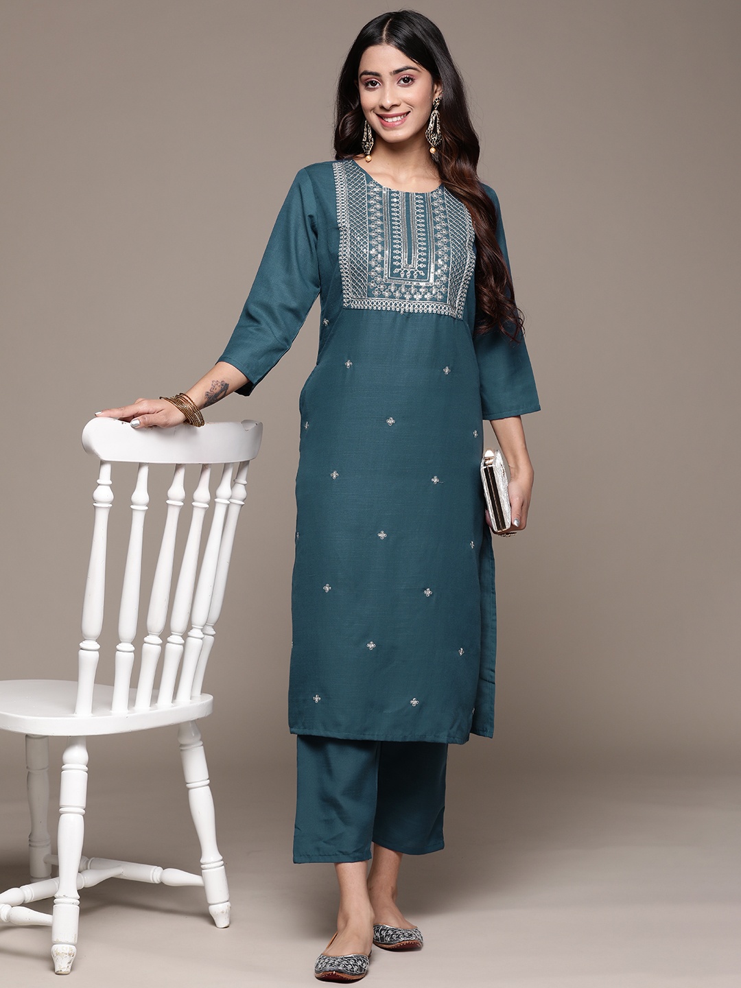 

Anubhutee Women Ethnic Motifs Embroidered Sequinned Kurta With Trousers, Blue