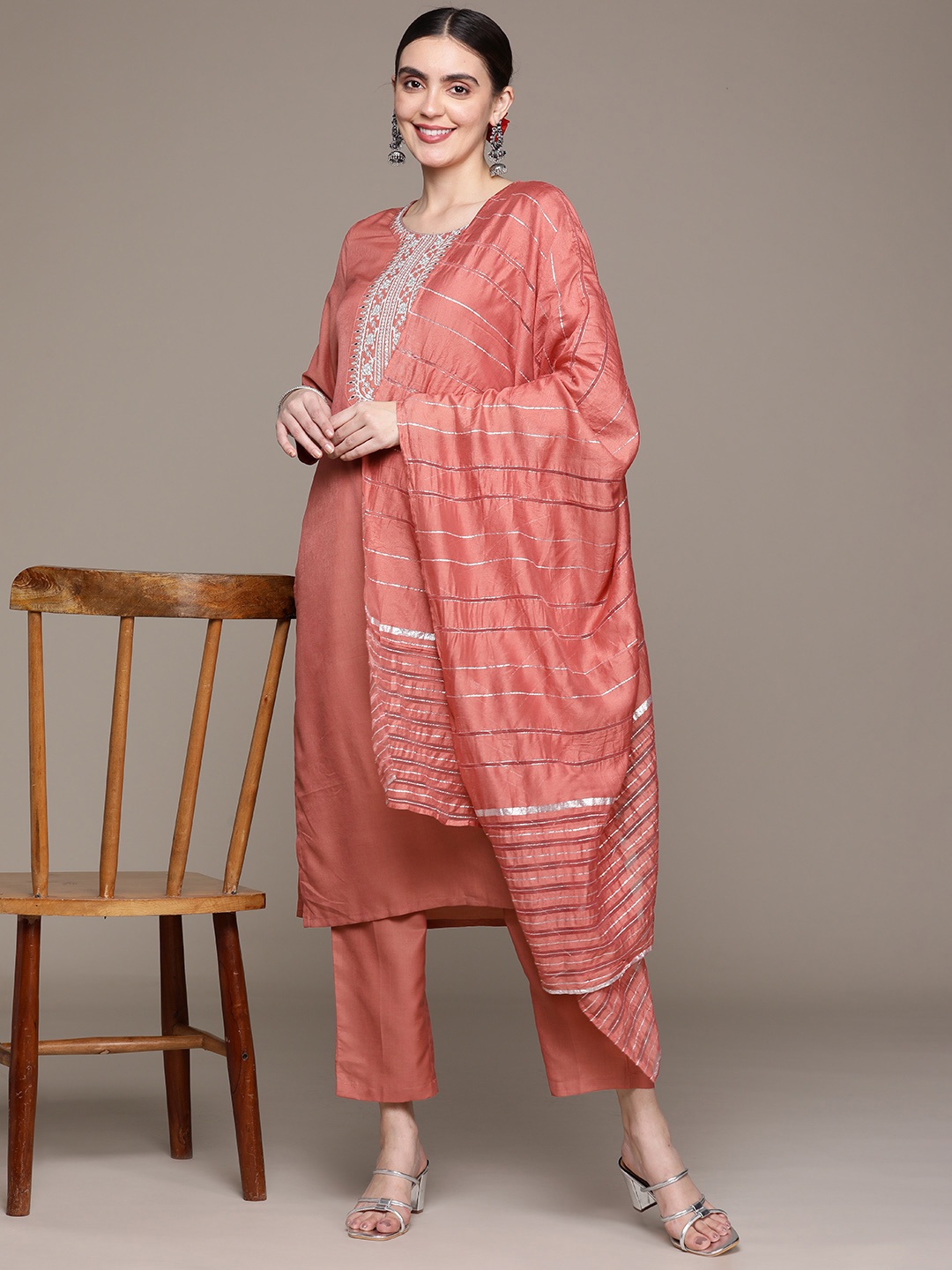 

Anubhutee Women Floral Yoke Design Sequinned Kurta with Trousers & Dupatta, Peach