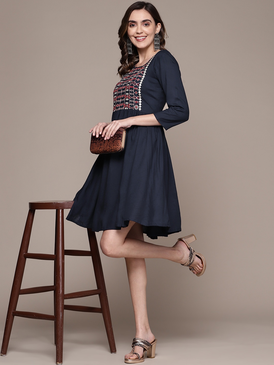 

Anubhutee Ethnic Motifs Embroidered A-Line Dress, Navy blue