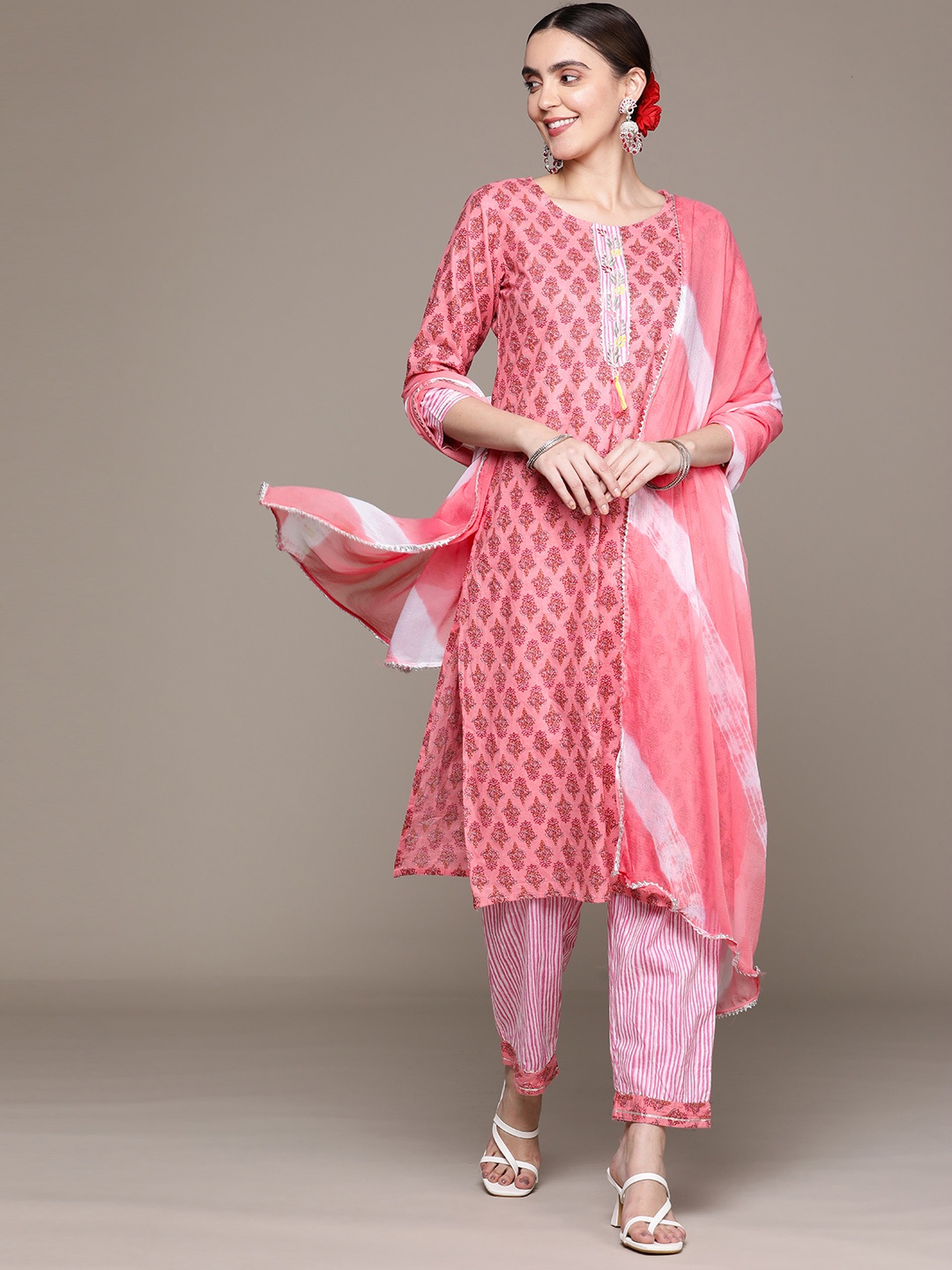 

Anubhutee Women Ethnic Motifs Printed Gotta Patti Cotton Kurta with Trousers & Dupatta, Coral