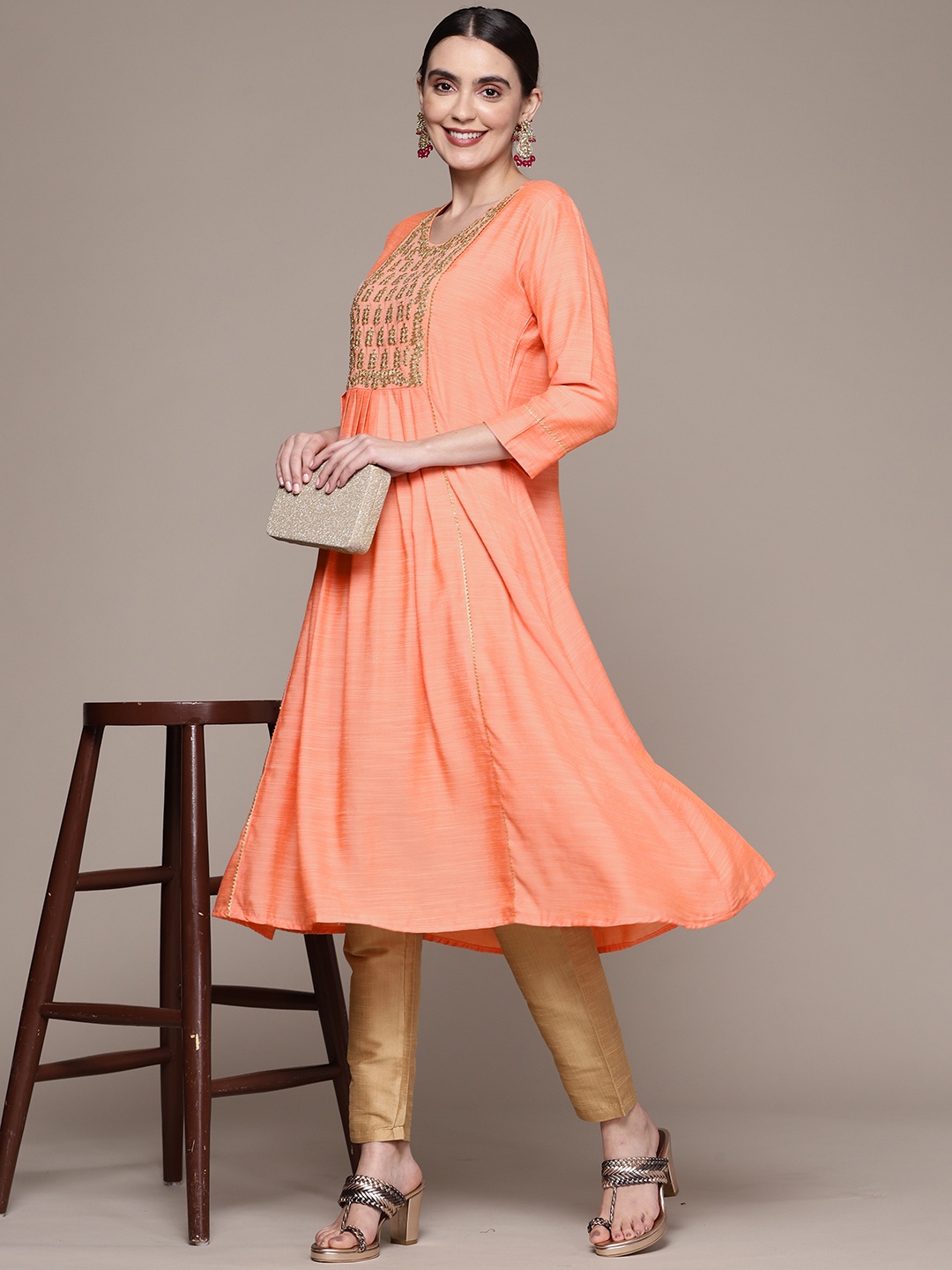 

Anubhutee Women Ethnic Motifs Yoke Design Gotta Patti Kurta, Peach