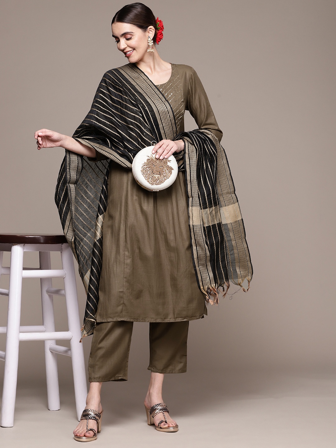 

Anubhutee Women Striped Sequinned Kurta With Trousers & With Dupatta, Brown