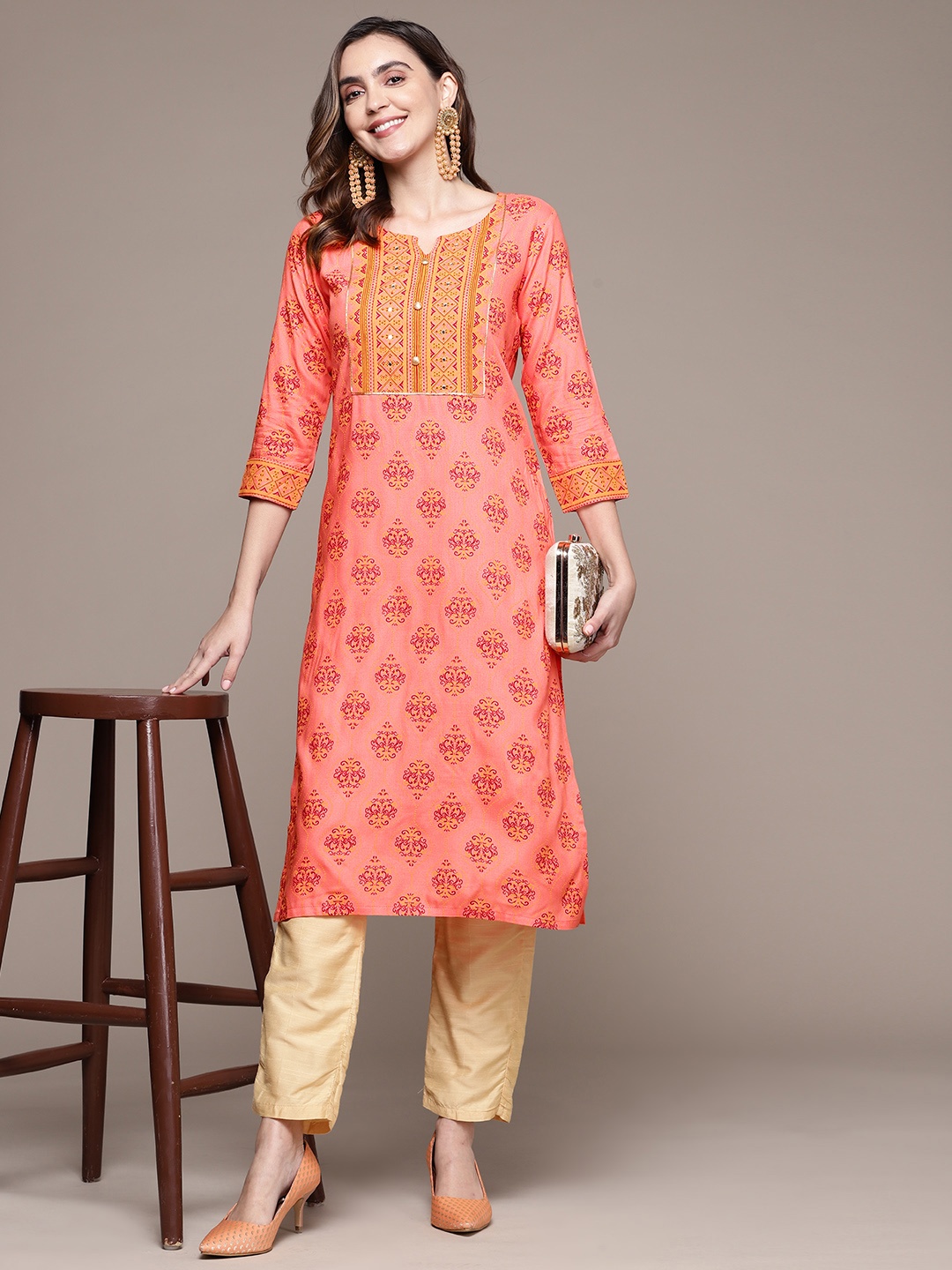 

Anubhutee Women Ethnic Motifs Printed Gotta Patti Kurta, Coral