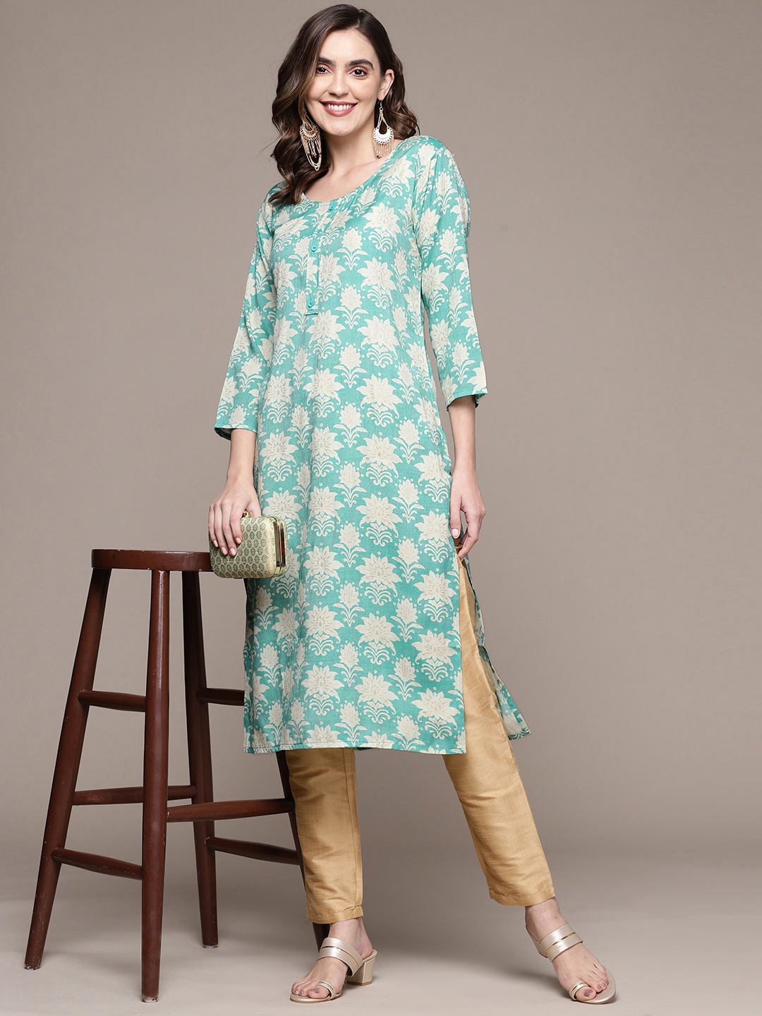 

Anubhutee Women Floral Printed Kurta, Turquoise blue