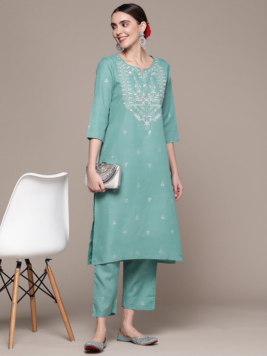 

Anubhutee Women Ethnic Motifs Embroidered Thread Work Kurta With Trousers, Blue