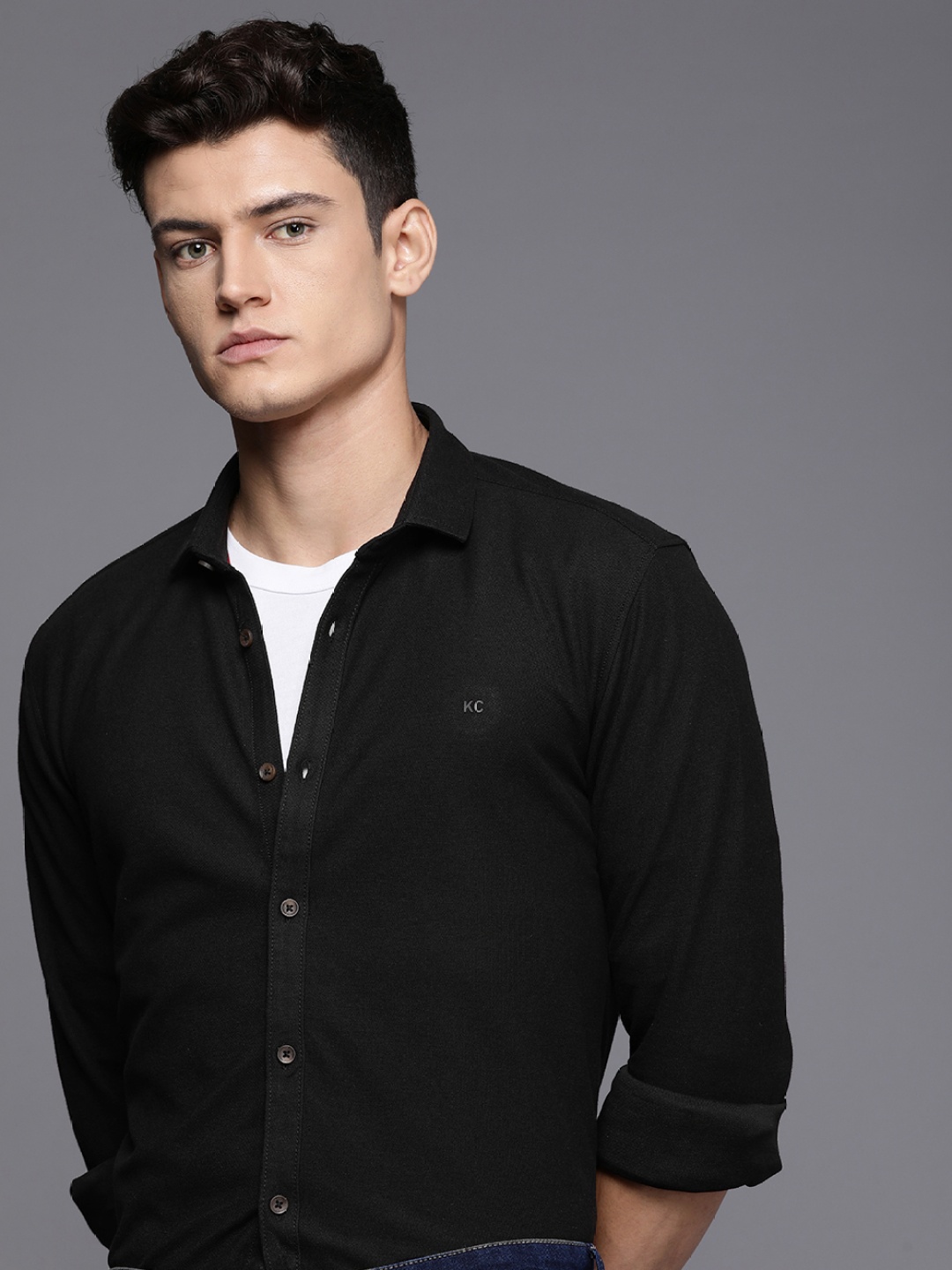 

Kenneth Cole Men Knitted Slim Fit Solid Casual Shirt, Black