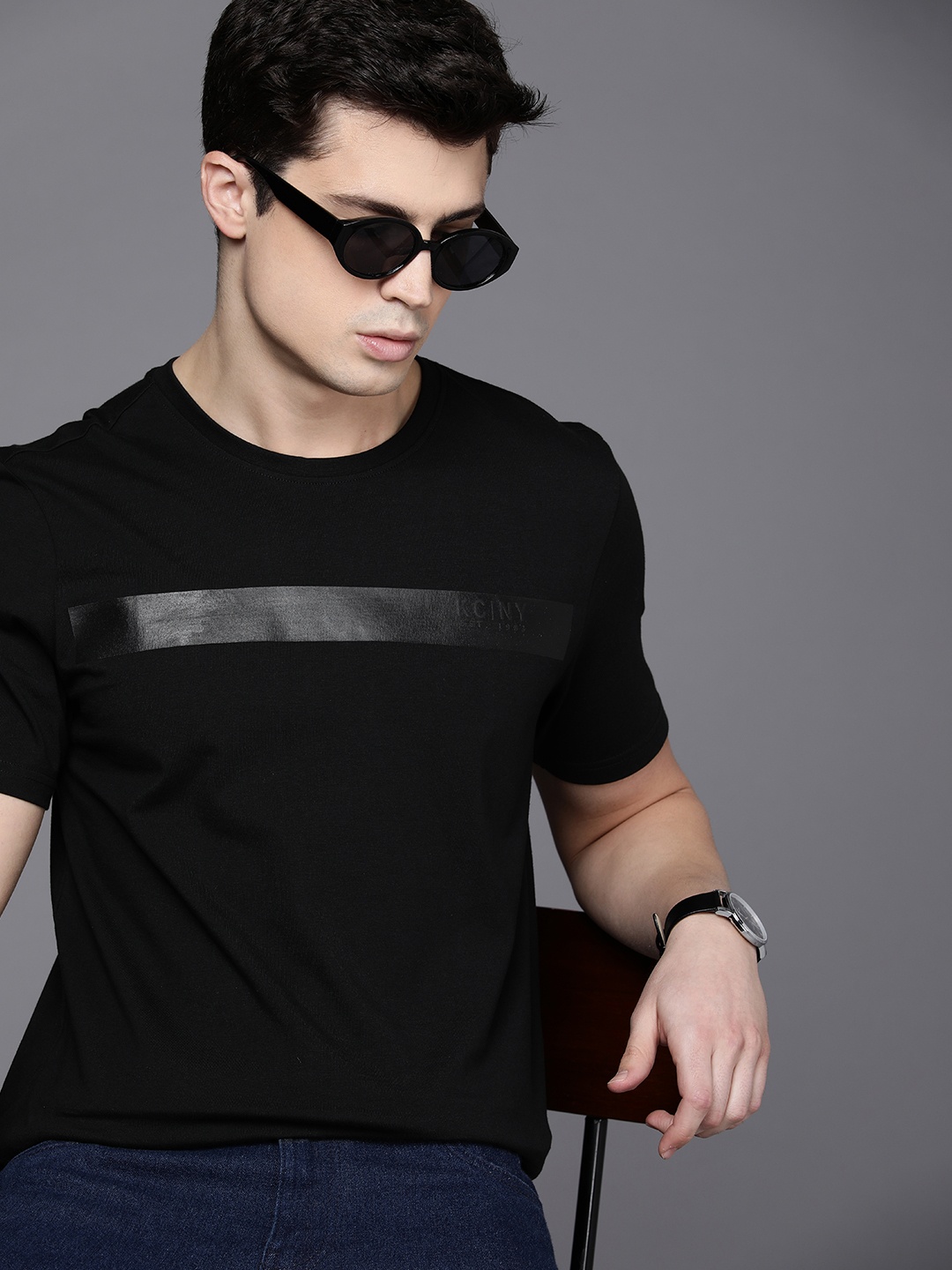 

Kenneth Cole Men Black Striped Pure Cotton Applique Casual T-shirt