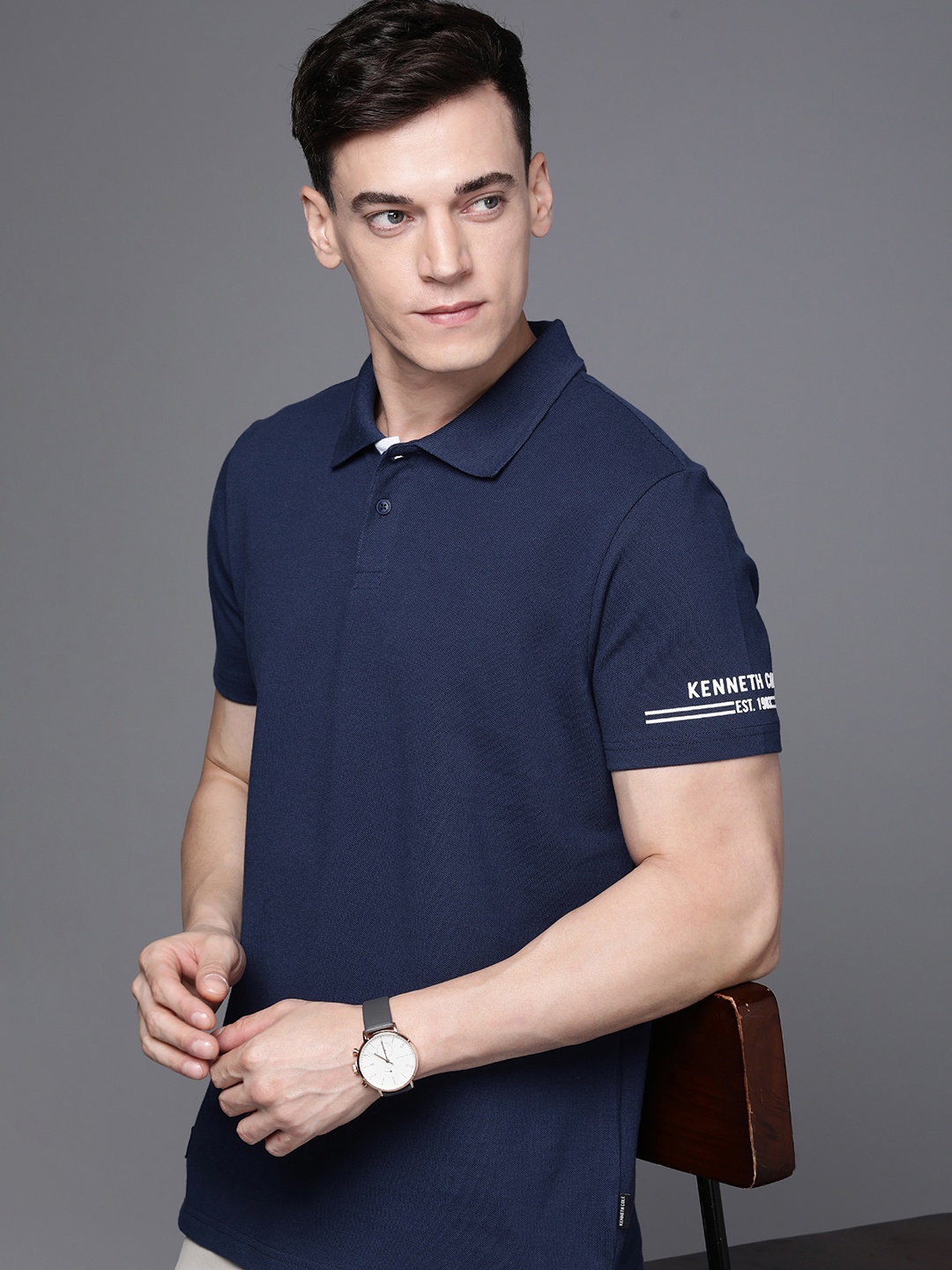 

Kenneth Cole Brand Logo Printed Polo Collar Pure Cotton T-shirt, Navy blue