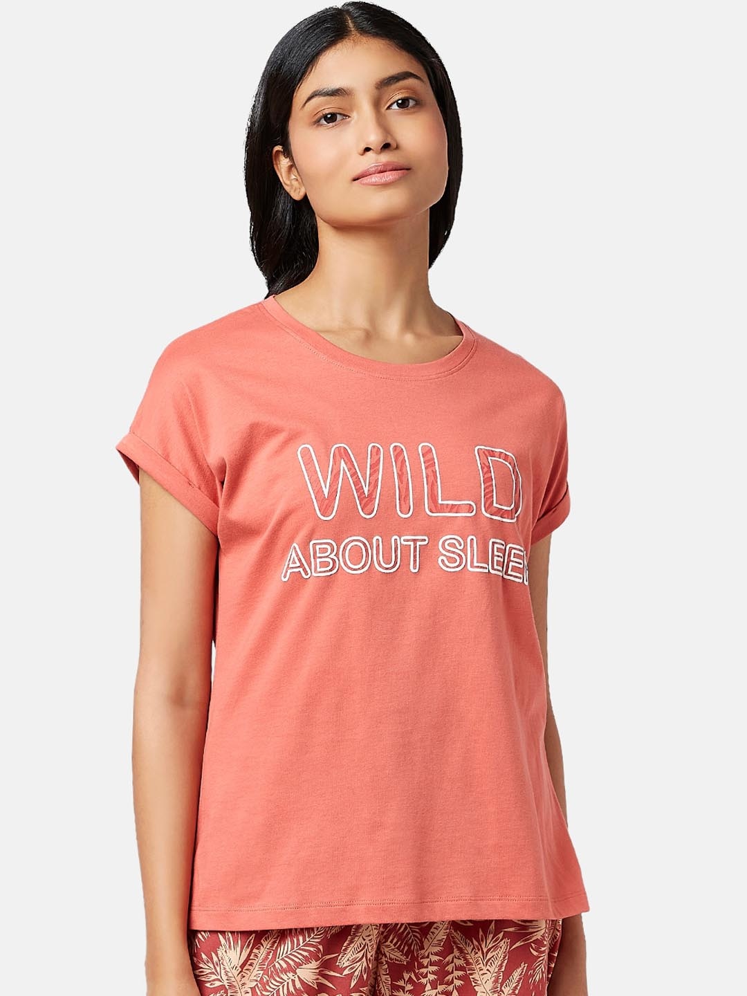 

Dreamz by Pantaloons Women Typography Printed Cotton Lounge T-shirt, Peach