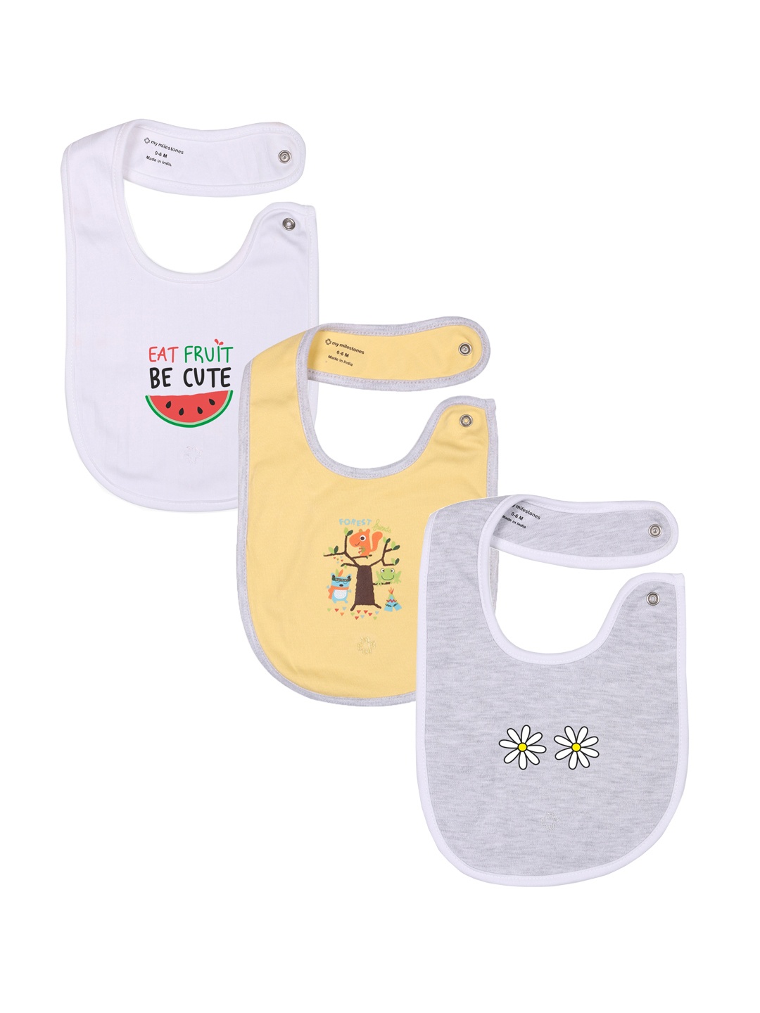

My Milestones Infant Pack Of 3 Printed Pure Cotton Bibs, White