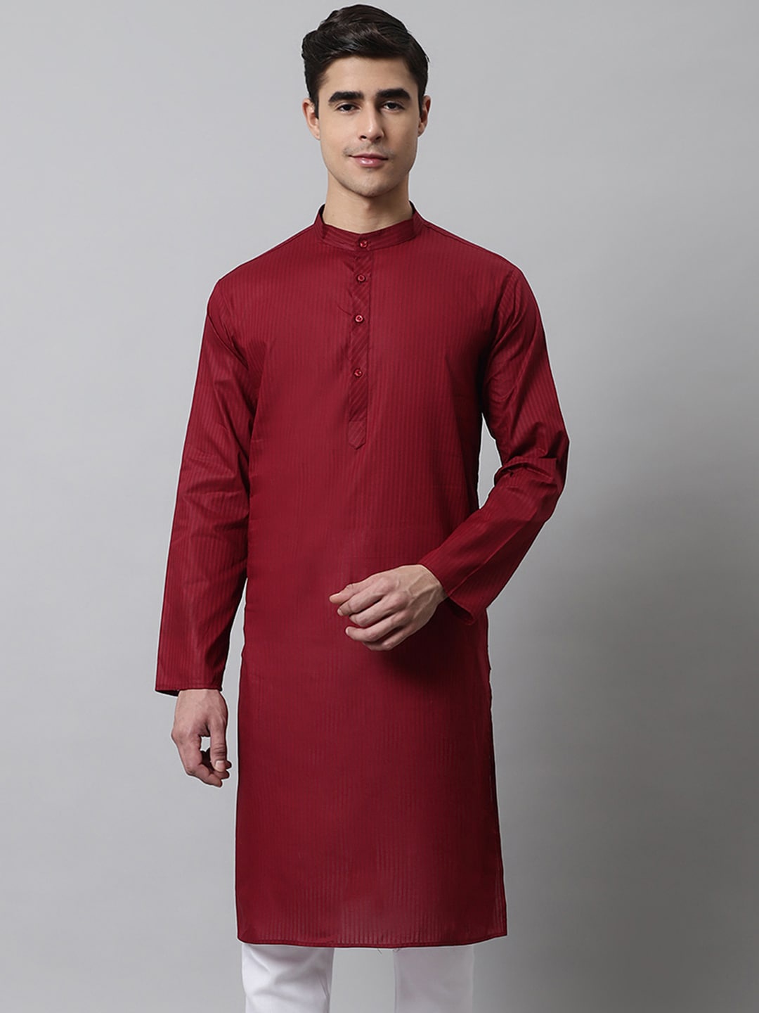

Jompers Mandarin Collar Striped Cotton Kurta, Maroon