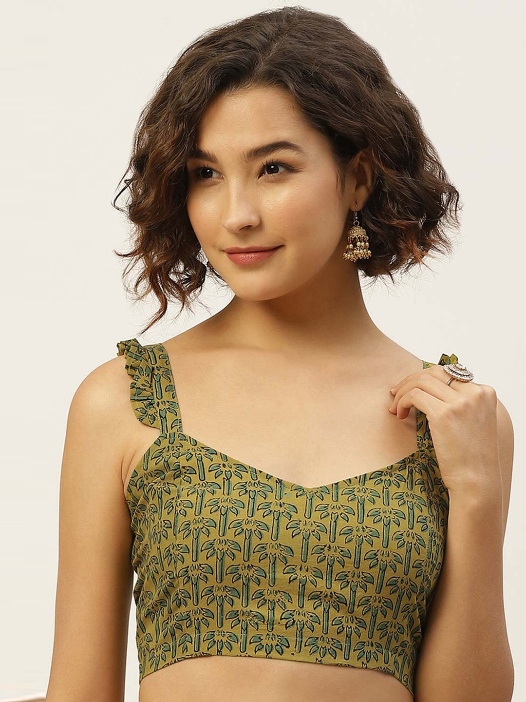 

Molcha Block Printed Sleeveless Pure Cotton Saree Blouse, Olive