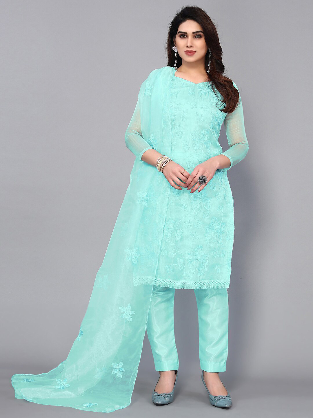 

KALINI Embroidered Organza Unstitched Dress Material, Blue
