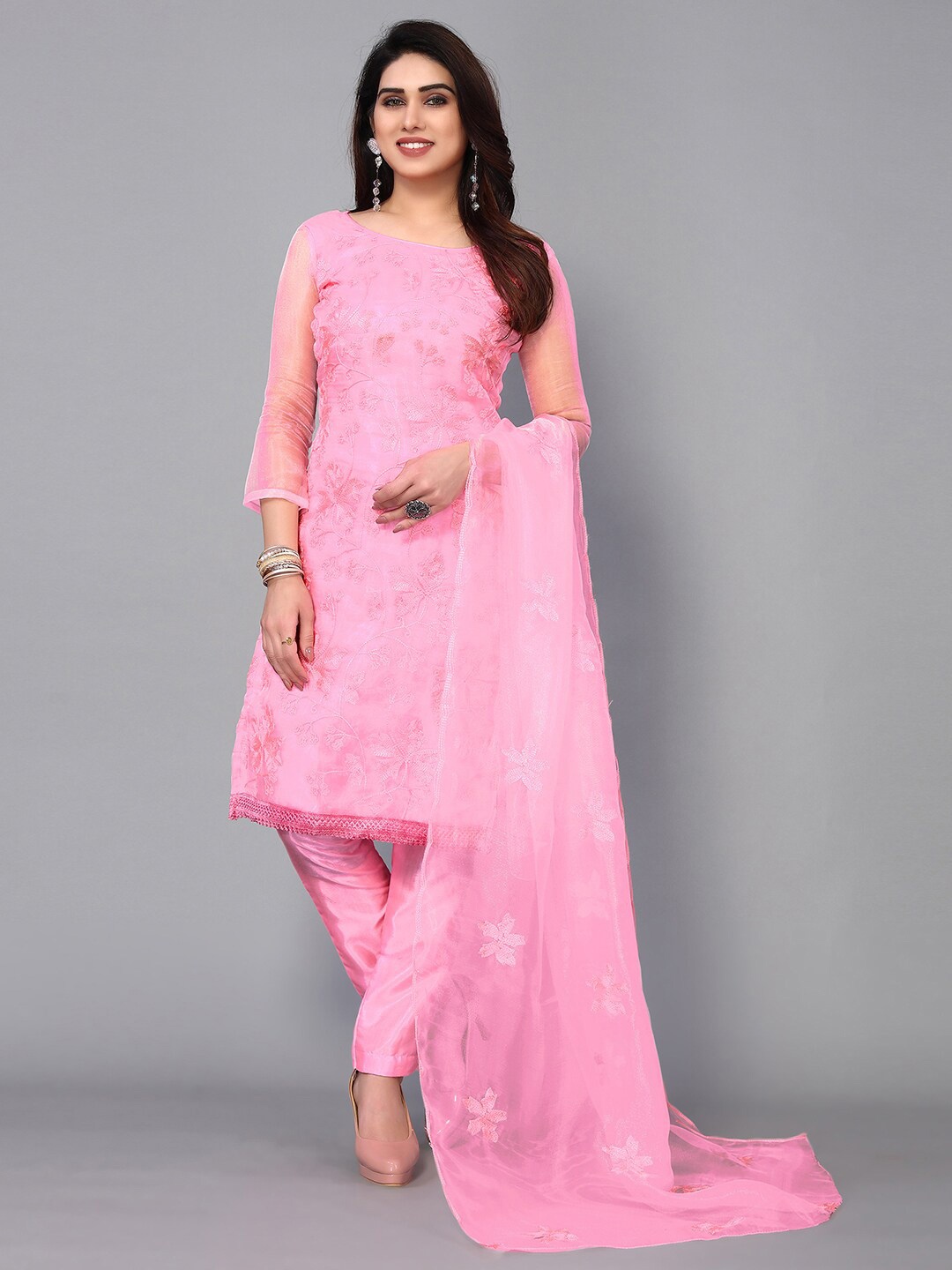 

KALINI Embroidered Organza Unstitched Dress Material, Pink