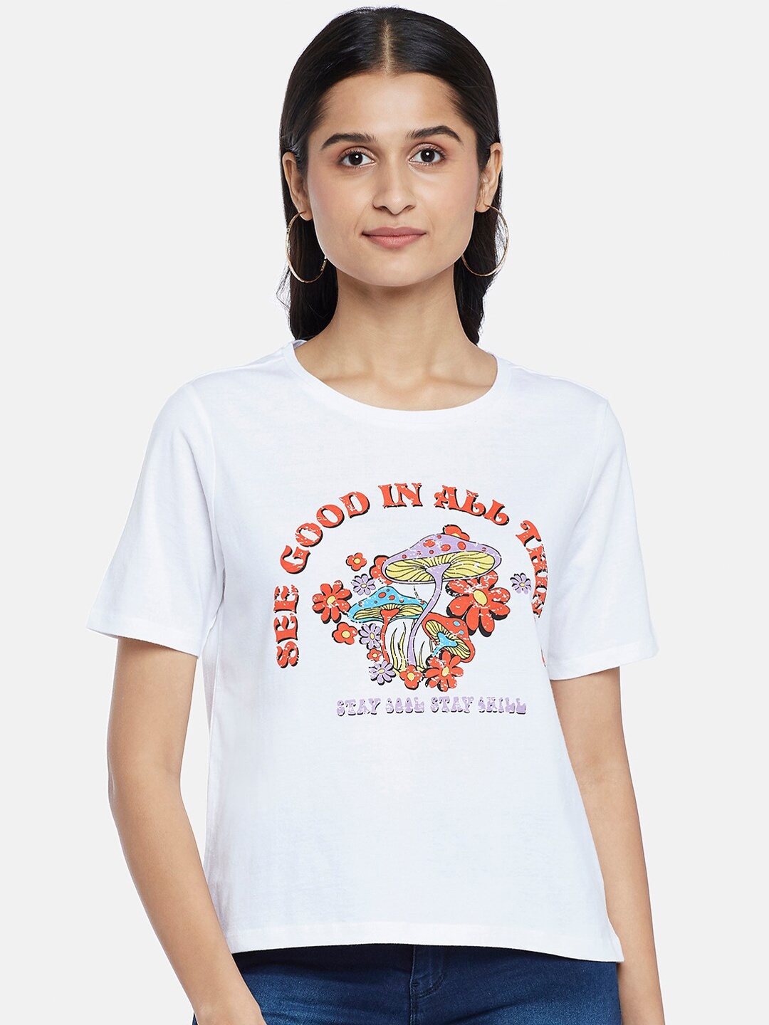 

People Women Printed Cotton T-shirt, White
