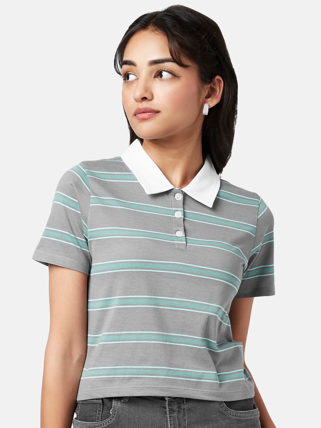 

YU by Pantaloons Striped Shirt Style Cotton Crop Top, Off white