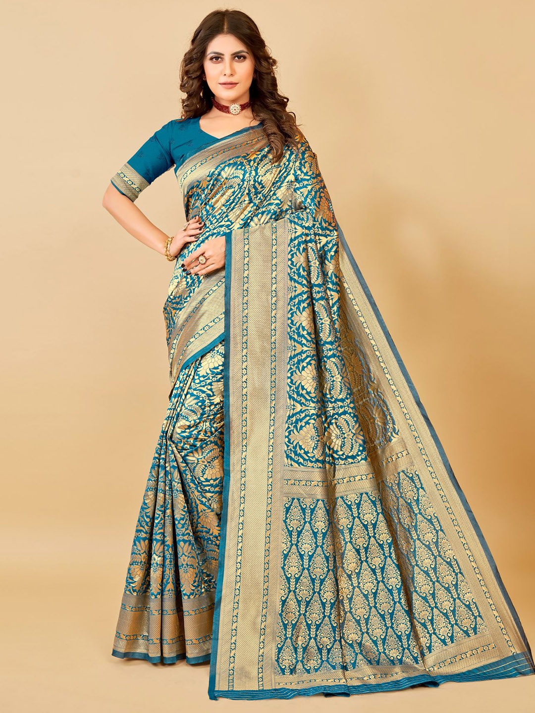 

VAIRAGEE Floral Zari Silk Blend Banarasi Saree, Turquoise blue