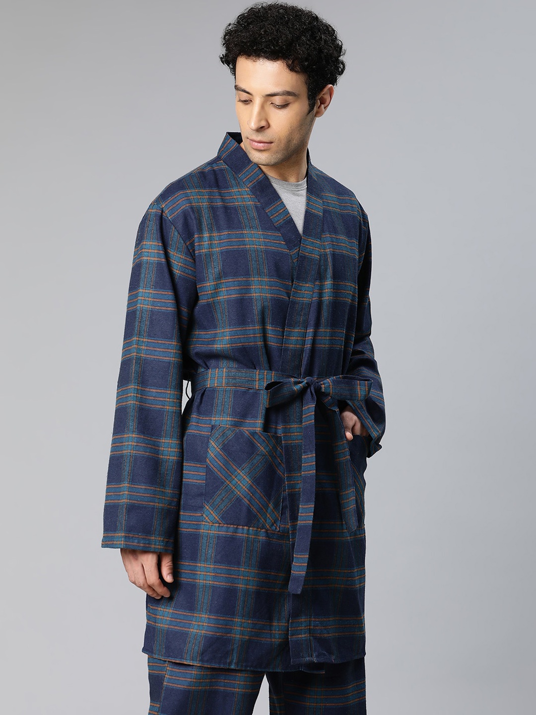 

Oxolloxo Men Checked Pure Cotton Night suit, Blue