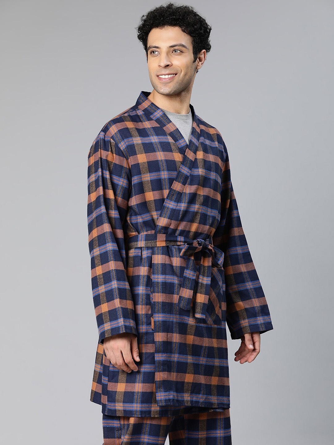 

Oxolloxo Men Checked Pure Cotton Night suit, Blue