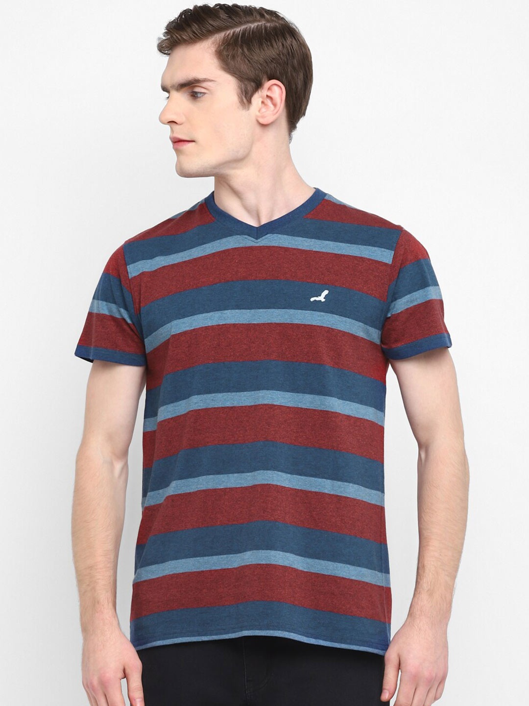 

American Crew Men Striped V-Neck Cotton T-shirt, Blue