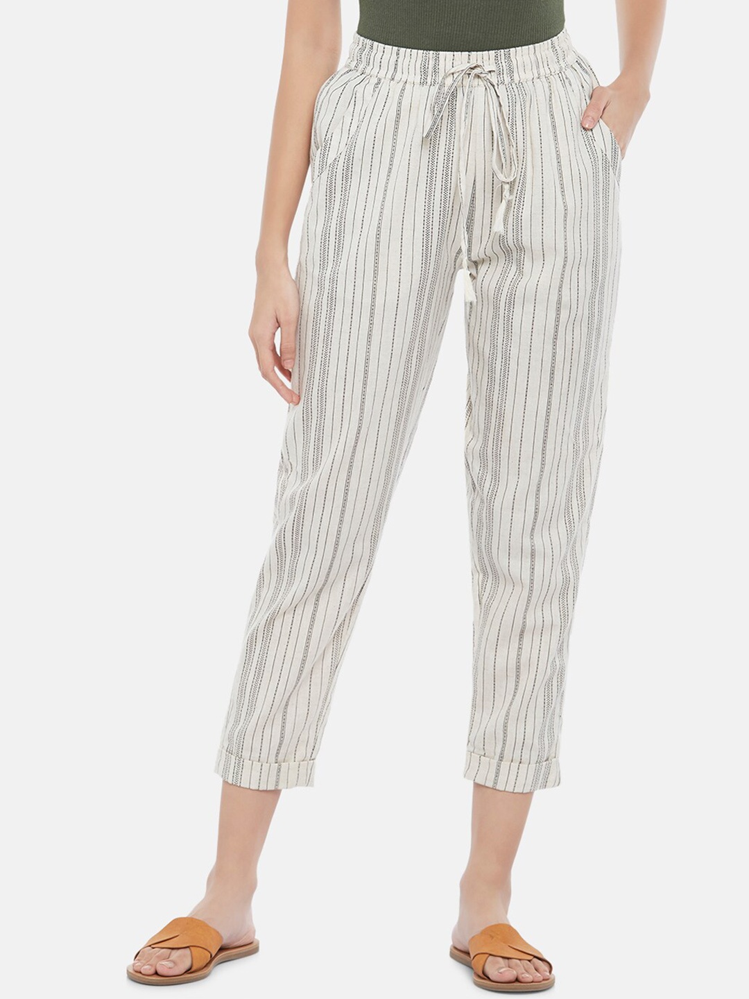 

People Women Striped Cotton Trousers, White