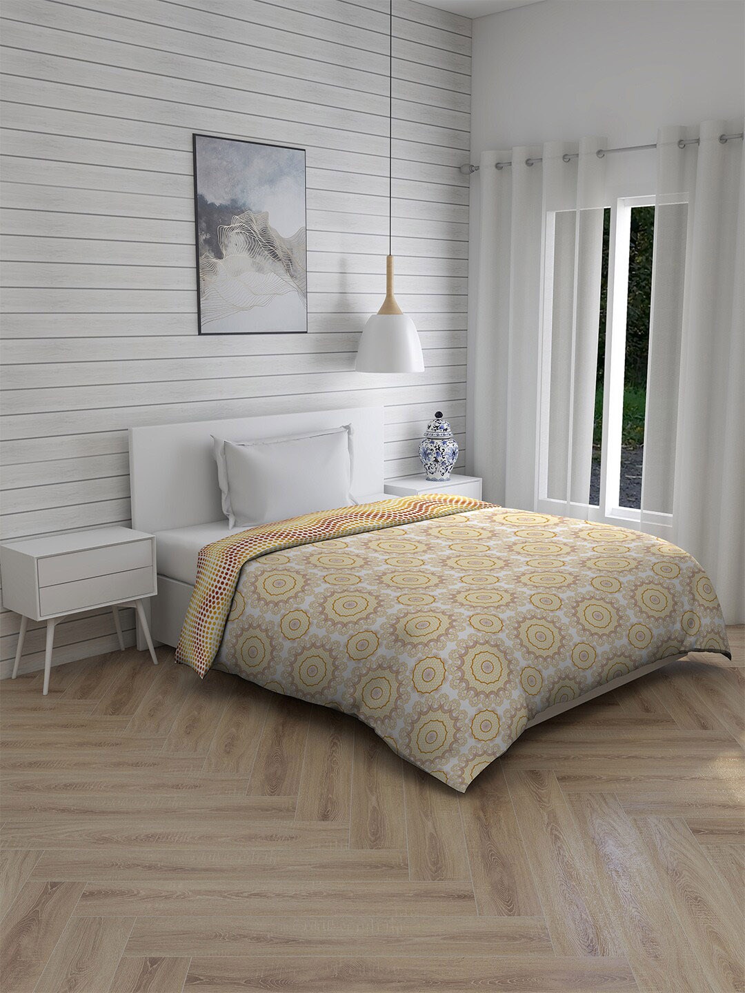 

Layers White & Yellow Ethnic Motifs Printed Mild Winter 120 GSM Single Bed Comforter