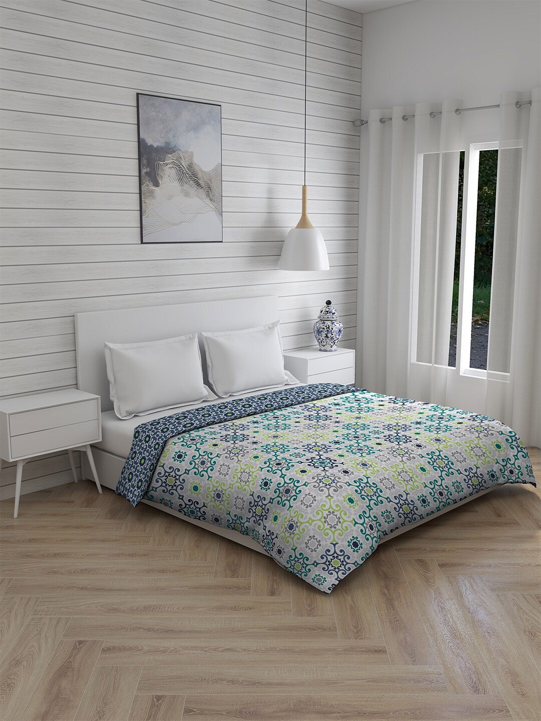 

Layers Firenze White & Green Ethnic Motifs Mild Winter 120 GSM Double Bed Comforter