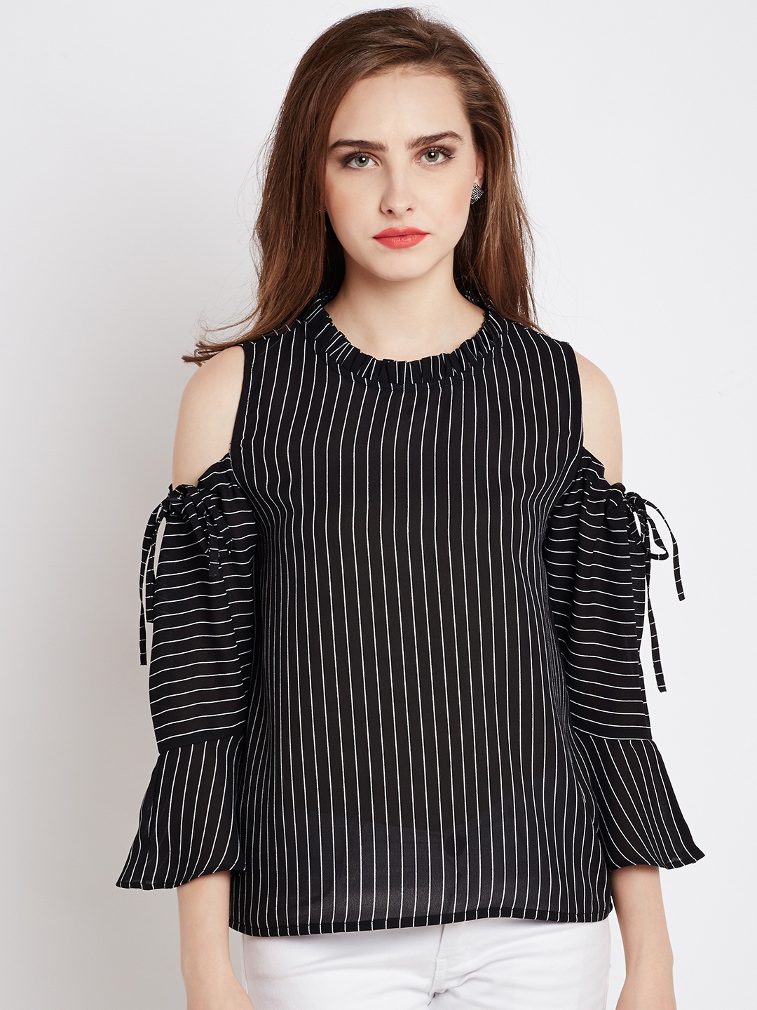 

RARE Women Black & White Striped Cold Shoulder Top