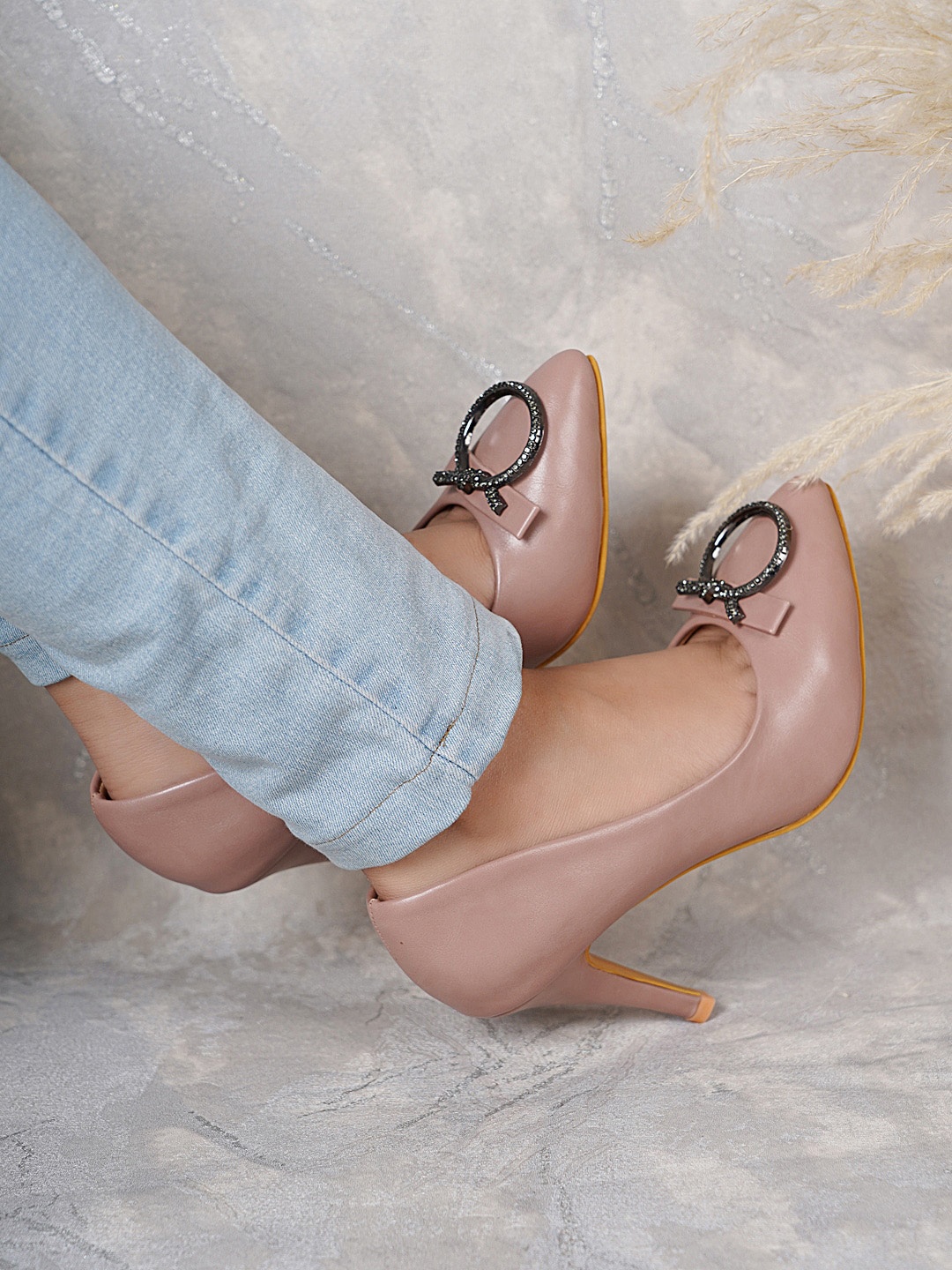 

DressBerry Embellished Stiletto Pumps with Buckles, Nude