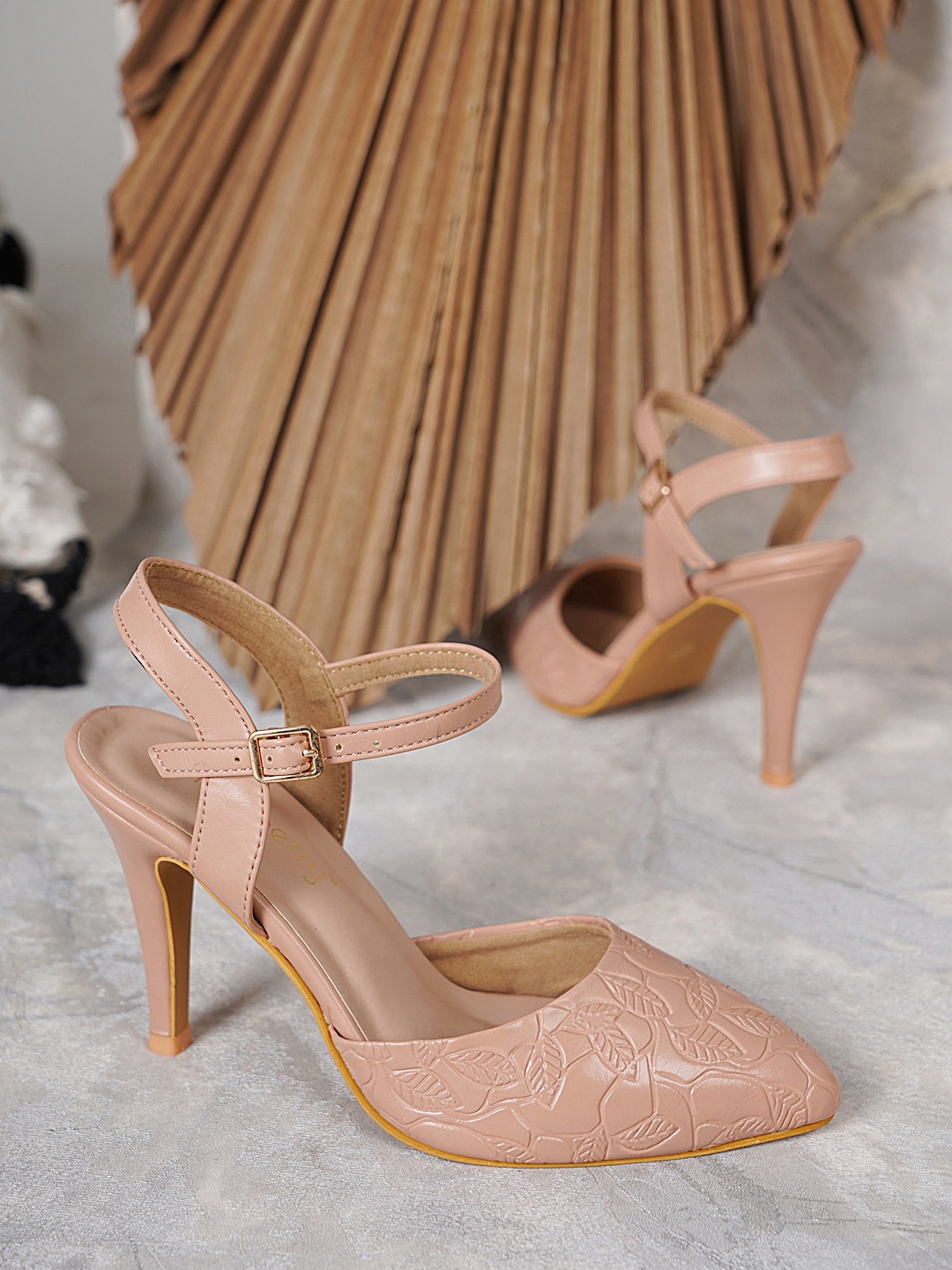 

DressBerry Textured Stiletto Heels with Buckles, Nude