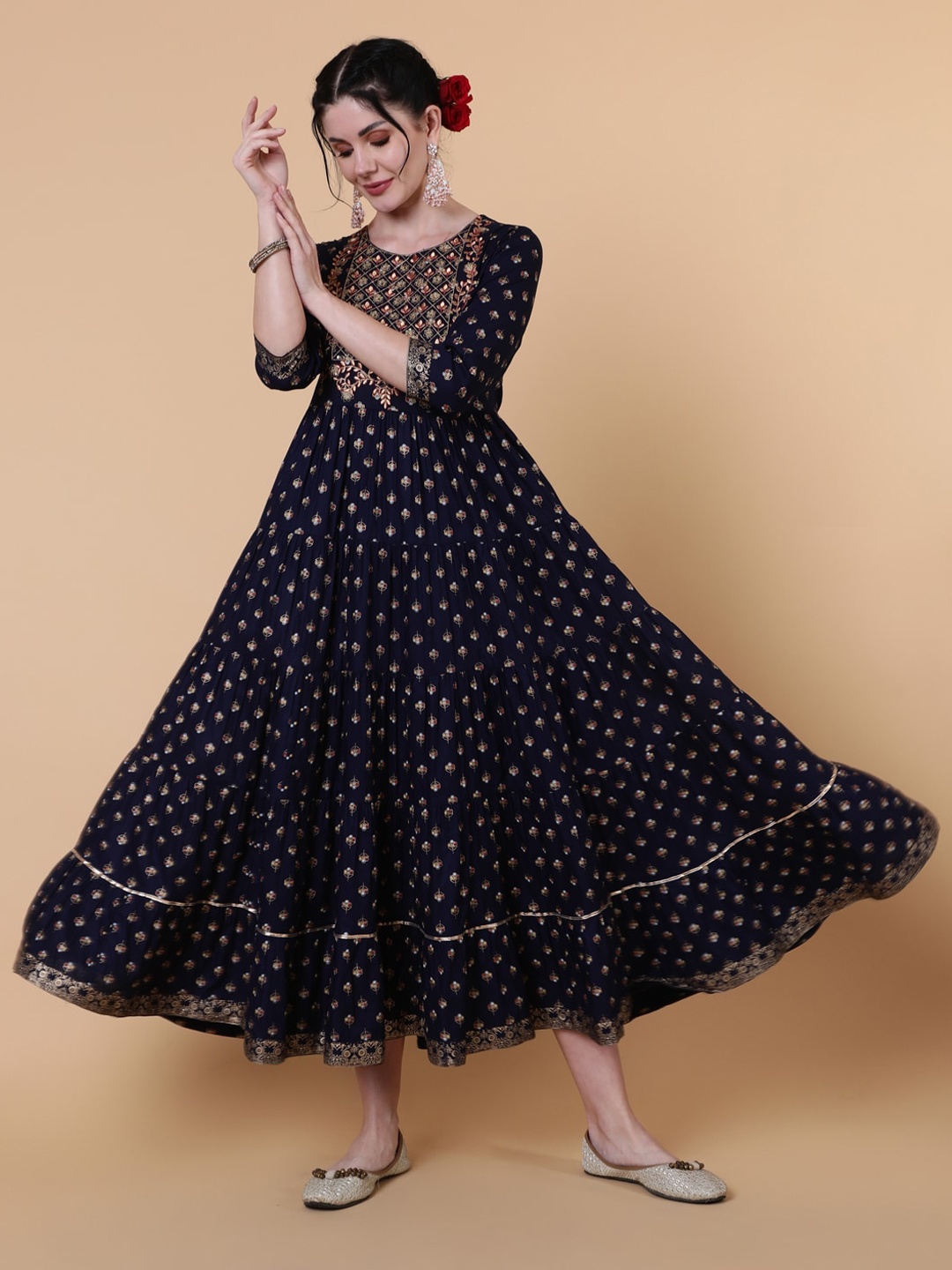 

KIMAYRA Ethnic Motifs Printed Thread Work Anarkali Kurta, Navy blue