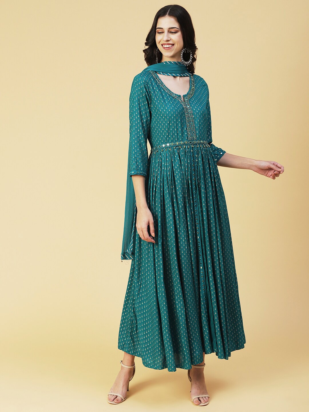 

FASHOR Ethnic Motifs Maxi Dress With Belt & Dupatta, Teal