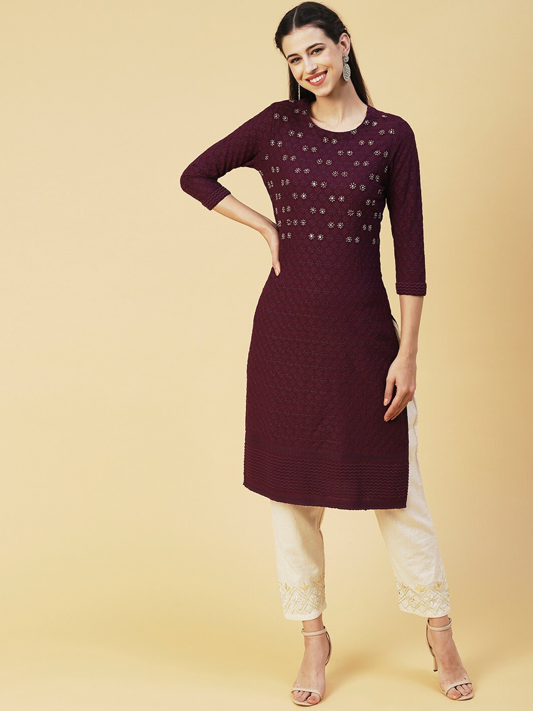 

FASHOR Embroidered Thread Work Kurta, Mauve