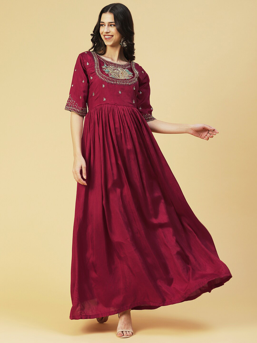 

FASHOR Ethnic Motifs Embroidered Maxi Dress, Maroon