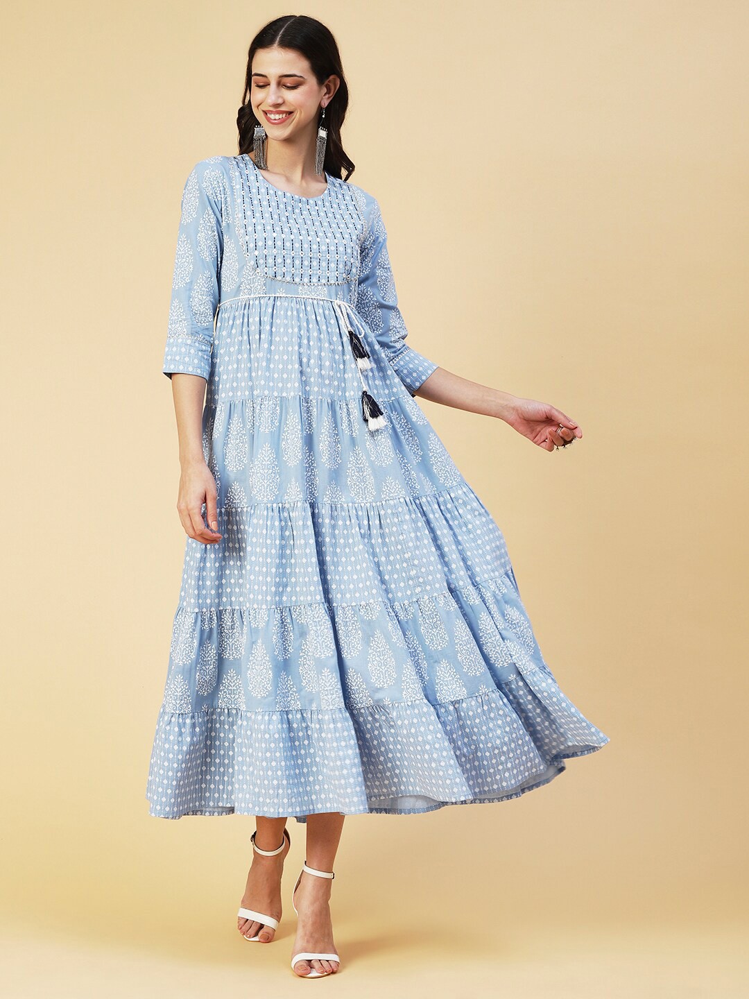 

FASHOR Ethnic Motifs A-Line Maxi Cotton Dress, Blue