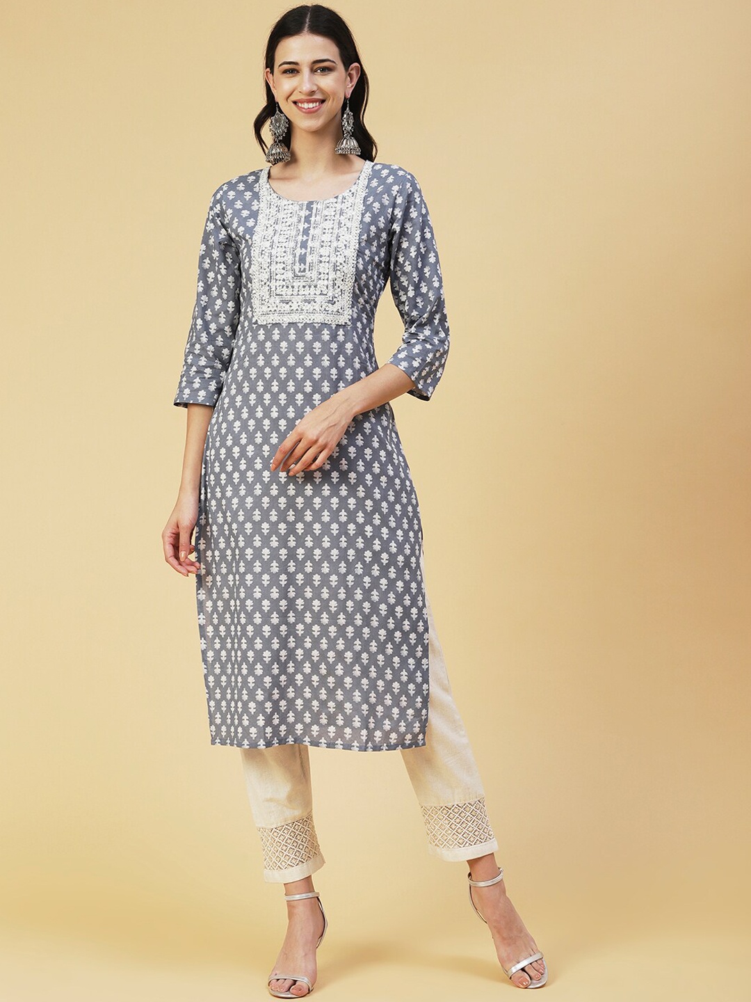 

FASHOR Embroidered Cotton Kurta, Grey