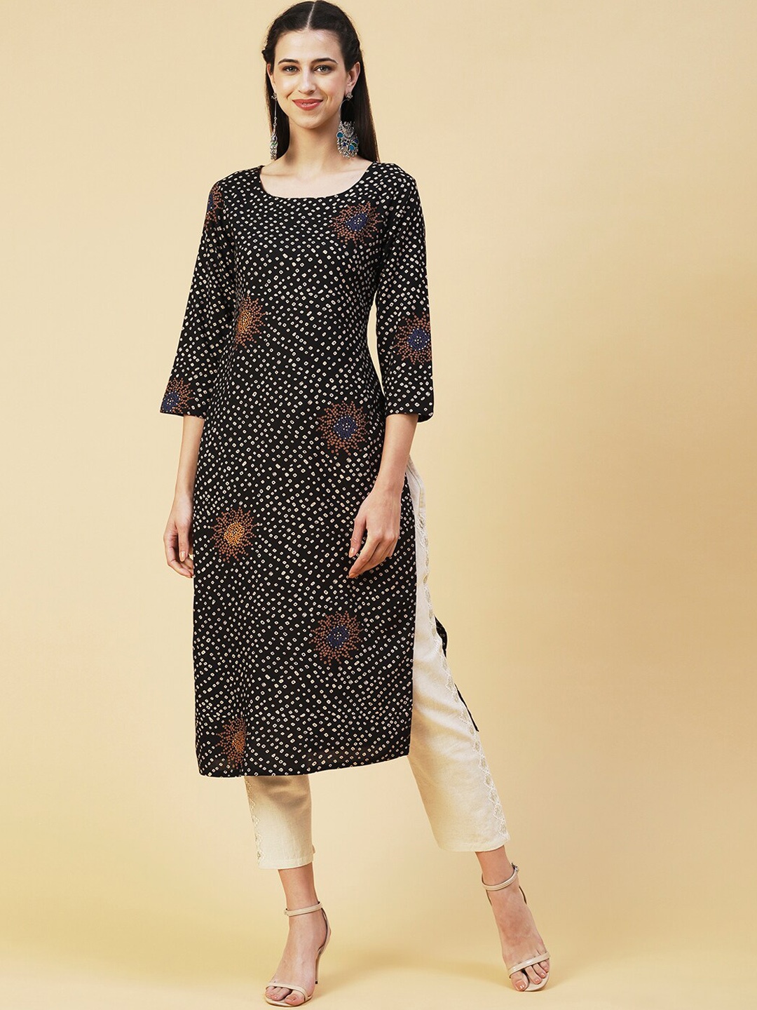 

FASHOR Geometric Printed Kurta, Black