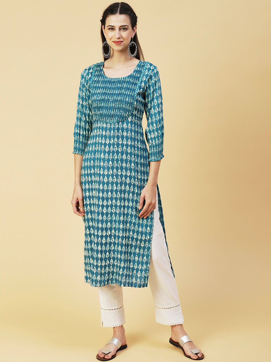 

FASHOR Geometric Checked Straight Regular Kurta, Teal