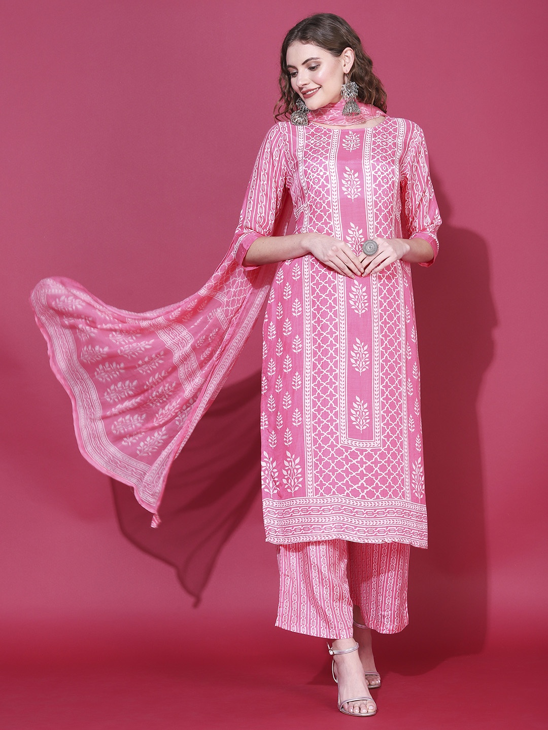 

FASHOR Women Ethnic Motifs Printed Mirror Work Kurta with Trousers & Dupatta, Pink