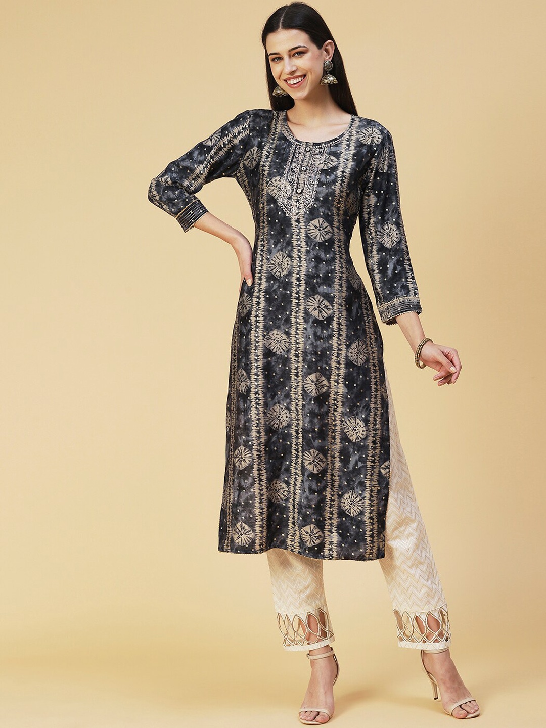 

FASHOR Abstract Printed Straight Regular Silk Kurta, Navy blue