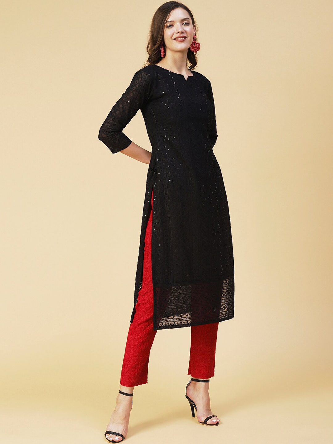 

FASHOR Geometric Mirror Work Georgette Kurta, Black