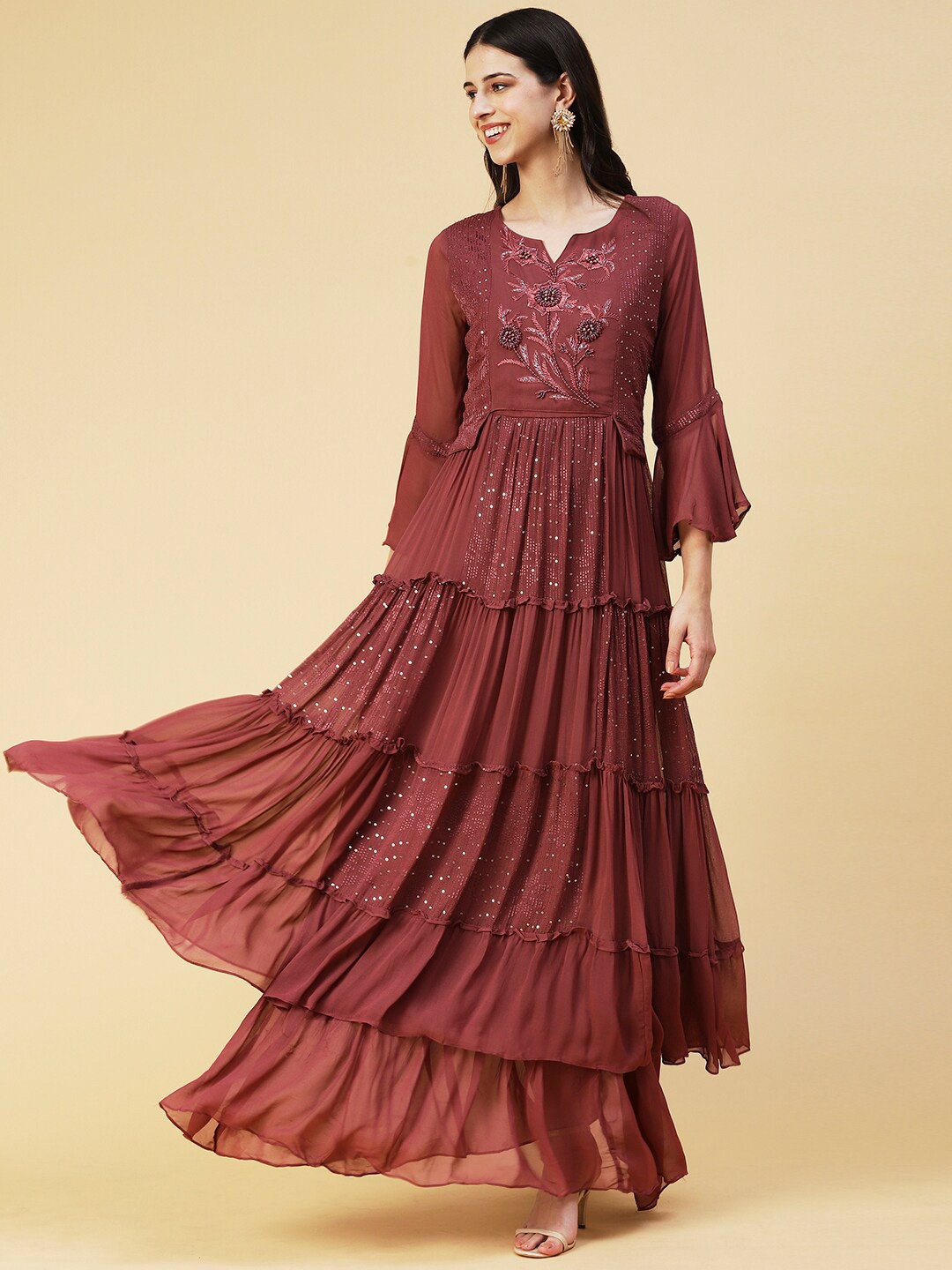 

FASHOR Floral Embroidered Georgette Maxi Dress, Brown